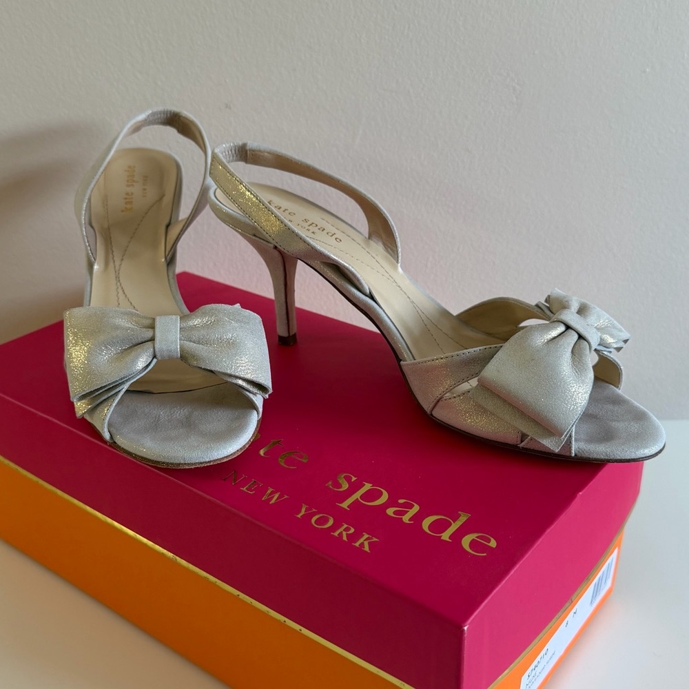 Kate Spade Muse Open-Toe Heel in Gold Liquid Suede with Bow